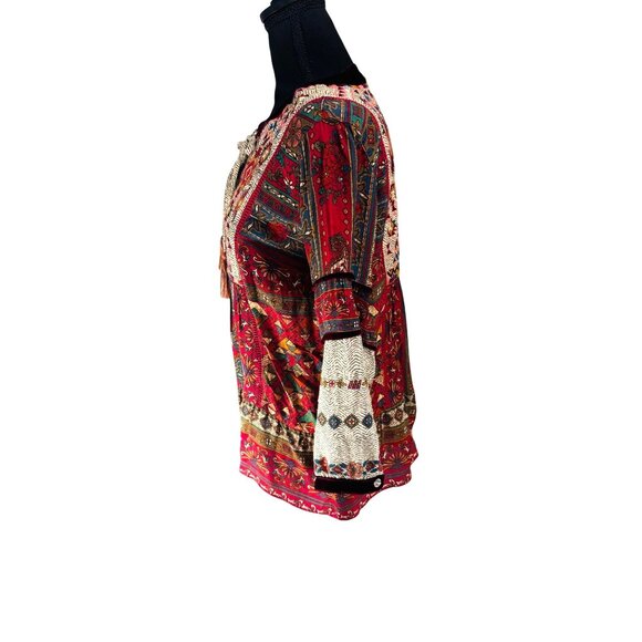 John Mark Boho Multicolor Floral Patchwork Blouse S Velvet Accents L/S Tassel - Picture 5 of 10